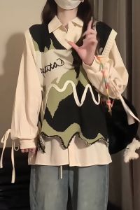 Laid-back Color Block Knitted Vest Top Layered Loose Polo Shirt Two-piece Set Sweet Cool Style Autumn Outerwear Ensemble