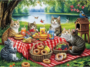 Cat Family Picnic 1000/500/1200/2000 Pieces Jigsaw Puzzles Challenging Family Activity Games for Gameroom Bedroom Livingroom