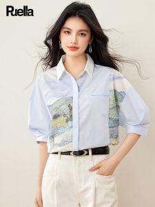 puella | French Design Print Stitching Slimming Womens Short Sleeve Shirt