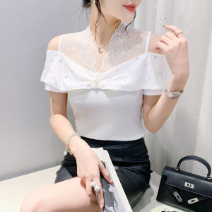 Yimei 2024 Mùa Hè Thiết Kế Mới tay ngắn Độc Đáo Hở Vai Áo thời trang Ren V Cổ Với Kim Cương Áo phông trắng Cho Phụ Nữ