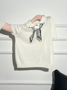 La Chapelle Womens Polo Neck Short Sleeve T-Shirt Fashionable Summer Knitted Top with Silk Scarf Slim Fit Korean Style