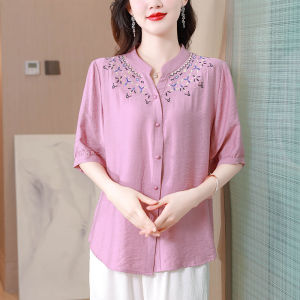 Luckin Store Áo cánh Áo thun cotton nữ dáng rộng thêu áo áo có cúc tay ngắn nữ lớn ngoại cỡ