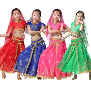 8Pcs Girl Indian Belly Dance Wear Party Dress Kids Princess Halloween Genie Costume Carnival Sets with Head Veil Headpiece Accessories