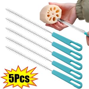 5Pcs Nylon Bottle Cleaning Brush Baby Stainless Steel Long Handle Cleaning Brush Soft Hair Straws Spiral Household Cleaning Tool