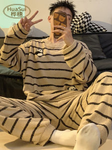 Half Velvet Pajamas Men Autumn and Winter Thickened Fleece-lined Outwear Heattech Cartoon Young Boys Homewear Suit