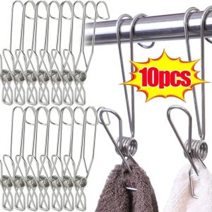 1-10PCS Stainless Steel Clothes Pegs Long Tail Clothespins with Hook Hanging Clips for Kitchen Bathroom Storage