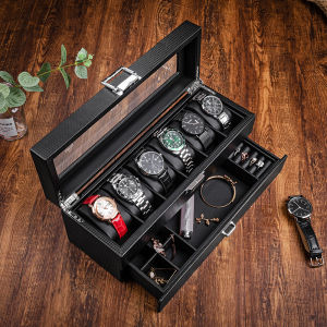 Carbon Fiber Pattern Leather Double Layer Watch Storage Box Large Capacity For Home Ring Cufflinks Jewelry Wrist Watch Storage Collection