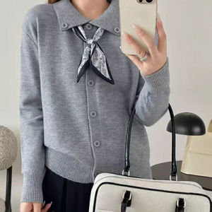 Elegant Wide Neck Knitted Open Cardigan Womens Spring Autumn Loose Slimming Versatile Sweater Overcoat Womens Polo Collar