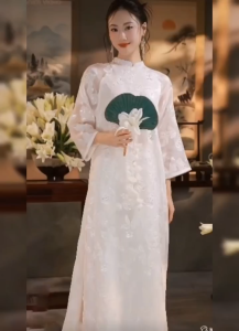 Áo dài cách tân nữ 4 tà dáng suông tay lỡ cổ trụ lua vân hoa hoạ tiết may sẵn kèm quần màu Hồng Be Xanh Cốm