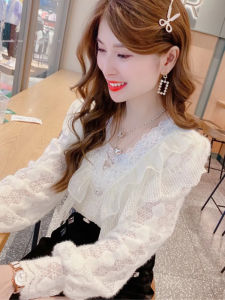 Womens Fleece Lined Thickened Lace V-neck Shirt Spring Autumn Winter Design Sense Small Audience Base Shirt Elegant Inner Shirt