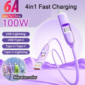 PD 100W USB Type C Cable 4 in-1 6A Fast Charging Data Cable USB C Lightning Cable Liquid Silicone Mobile Phone Charging Cable for iPhone Samsung OPPO Xiaomi Huawei