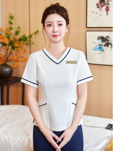ชุดทำงานผู้หญิงแขนสั้นฤดูร้อนใหม่สำหรับคลินิกความงาม บริการสปา ดูแลผิวหน้าอก แฟชั่นทำงานคอวี ทรงปกติ