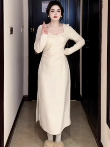 plus Size Womens French Style Fleece Lined Hanging Neck Slim Fit Inner Wear Long Dress Autumn Winter Thickening V Neck Dress