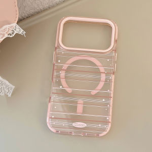 Korean Striped With Star Love Heart Bracket Magnetic Phone Case for iPhone 17 16 15 14 13 12 Pro Max Clear Shockproof Soft Cover