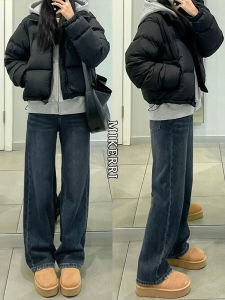 Retro Fleece Lined Wide Leg Jeans Womens Autumn Winter Loose Slimming Straight Cut Trousers for Pear Shaped Body