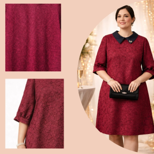 Allure Plus Clothing MADIE Dress Red Textured Dress with Black Collar and Beaded Brooch