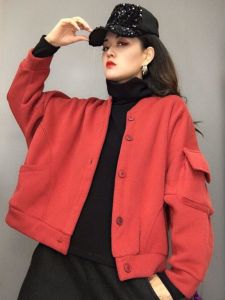 2026 New Year Horse Year Red Fleece Lined Jacket Womens Fashionable Short Outerwear Loose Fit Long Sleeve round Neck Button up