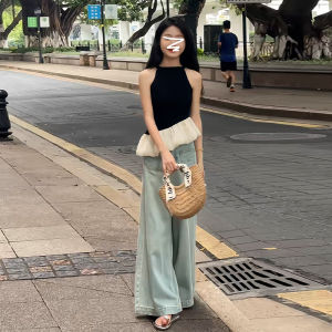 Unique Chic Neck Tie Sling Top Womens Summer Outdoor French Style Black Flower Lotus Leaf Edge Sleeveless Top Grass Wooden Clothes