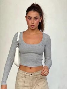 Square Collar T Shirts For Women Streetwear Long Sleeve Crop Top Y2k Accessories Solid Color Camisetas Slim Fit Ropa De Mujer