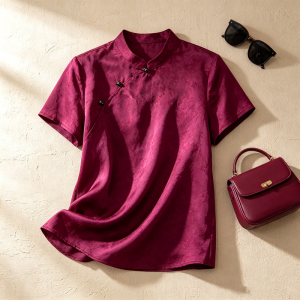 XMO | Áo Sơ Mi Cheongsam Phong Cách Mùa Hè Tay Ngắn Thêu Yunsha Đỏ Elegance