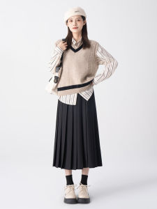 Black And Mauve Pleated Skirt High Waist Womens Mini And Maxi Skirts with Pockets Commute Style A-Line Pure Color Skirt