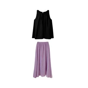 BINKAFENNY | Summer Outfit Korean Style Sweet Pure Sleeveless Top Purple Mini Skirt Two Piece Set High Waist Long Dress Commute Style