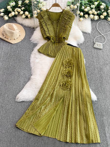 Bộ Váy Hai Mảnh Cổ Chữ V Không Tay Eo Cao Váy Nửa Thân Váy Xếp Ly Váy Ngắn Váy Mùa Hè Váy Công Sở Váy Thanh Lịch