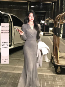 Fall New Style Knitted V-Neck Long Sleeve Top with Fish Tail Half Skirt Overlap Design Classy Womens Ensemble Autumn Fashion