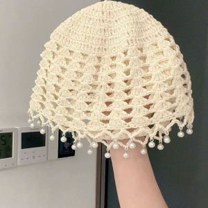 Womens Baotou Hat Handmade Crocheted Ethnic Style Pearl Pendant Knitted Hat Autumn and Winter Womens Versatile Pullover Hat