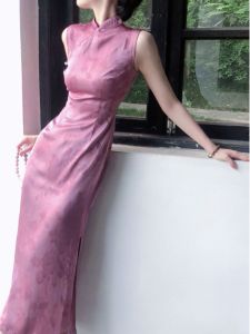 Váy Dài Không Tay Cổ Truyền Thêu Hoa Satin Mềm Mại Cho Nữ Mùa Xuân Thu Phong Cách Ngọt Ngào Váy Dài Cạp Cao