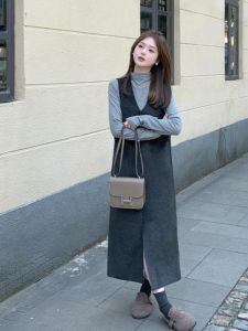 Elegant Woolen Vest Dress Womens Autumn Winter New Small Size Fashion Straight Cut Two Piece Set Commute Style Long Sleeve V Neck