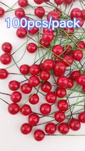100/200/300PCS Christmas Red Holly Berries Artificial Flowers Stamens Foam Berry Cherry For DIY Xmas New Year Wreath Gifts Decor