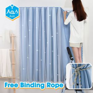 Aoli Velcro Blackout Star Pattern Double Layer Stars Blackout Curtains Pink Tulle for Kids Room Curtains for Living Room