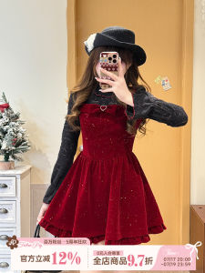 Valentine Red Velvet Winter Dress with Fake Two-Piece and Rhinestones