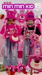 (16-40kg) Set áo thun in nhiệt gấu dâu hot hit phối quần jean rách cá tính cho bé gái diện đi học đi chơi