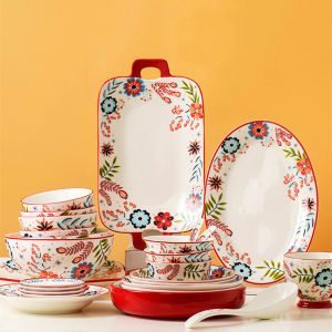 อุปกรณ์รับประทานอาหารสีเคลือบด้านใต้สไตล์ OMK ชุดดินเนอร์เซรามิกช้อนถ้วยชามจานใส่ซอสถั่วเหลือง ถ้วยใส่อาหารเช้า