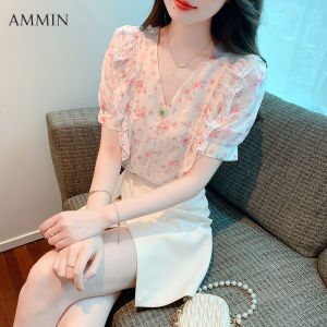 AMMIN 2023 เสื้อชีฟองแขนสั้นแบบย่นคอวีพิมพ์ลายหวาน สำหรับผู้หญิงใหม่ฤดูร้อน