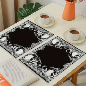 VIKAMA4/6/8/10PC Vintage Skull Placemats Gothic Floral Mystic Cross Halloween Party Escape Room Cafe Dark Style