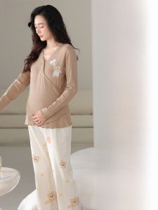 MiiOW | Pregnant Women Sleepwear Set Summer Home Clothes Bear Pattern V-Neck Long Sleeve Long Pants Comfortable Sleepwear For Mothers