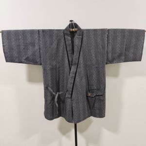 Japanese vintage Jinbei Kimono Haori Jacket Robe Dress. Grey. Hexagonal pattern.