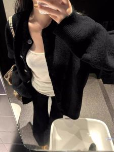 Áo Len Cardigan Dáng Rộng Màu Đen Thời Trang Thu Đông Cho Nữ Áo Khoác Ngoài Cổ Tròn Bằng Lông Cừu Dày Dài Vừa Phải