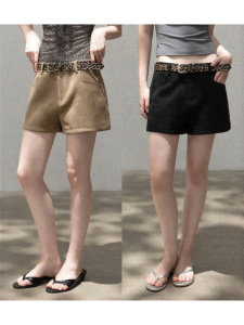 Cantonstory | Vintage Khaki Leopard Pattern Wide Leg Shorts Slim