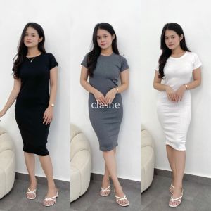 Karina Dress Rib Gaun Lengan Pendek Wanita Korean Style Terbaru Kekinian Ootd by Clashe