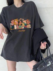 เสื้อยืดแขนสั้นสีเทาสไตล์อเมริกันย้อนยุคสำหรับผู้หญิงไซส์ใหญ่ ทรงหลวม ผ้าฝ้ายแท้ ทรงหลวม แฟชั่นฤดูร้อน เสื้อคอกลม