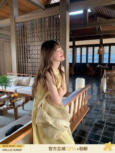 Hello Canon French Style Neck Hanging Strap Dress Women Summer New Loose Slim A-Line Long Dress High Waist Sleeveless Cotton