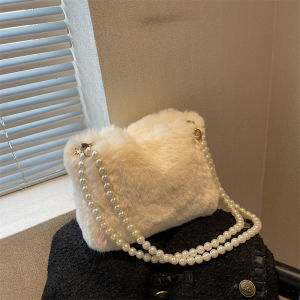Fall Winter Furry Womens Bag 2025 New Pearl Chain Plush Crossbody Single Shoulder Bag Versatile Small Bag Korean Style Leisure