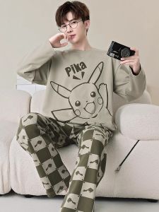 ผู้ชายบริสุทธิ์ ผ้าฝ้าย แขนยาว ชุดนอน ฤดูใบไม้ผลิ ฤดูใบไม้ร่วง สไตล์ใหม่วัยรุ่นขนาดใหญ่ นักเรียน ชุดเสื้อผ้าบ้าน การ์ตูน พิมพ์