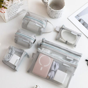 Mesh Zipper Pouch Multi-size Storage Organizer See Through Mesh Bag Portable Hand Strap Travel Pouch for Data Cable Tiny Items