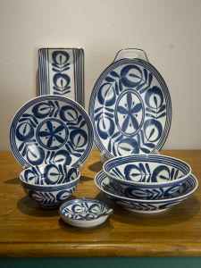 Retro Hand-Painted Japanese Ceramic Dining Utensils Underglaze Dinnerware Set Seasonal Feng Shui round Bowl Geometric Pattern