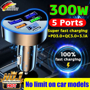 MADEIN GERMANY 5-Ports 300W USB car charger fast charging PD3.0 Fast USB Type C Super fast charging Scp Port USB Car Phone Charger For iPhone 15 16 Pro Max iPhone 14 13 12 Samsung S24 Ultra HUAWEI Mate40 HUAWEI P60 Pro iPad Pro car charger adapter 12V/24V